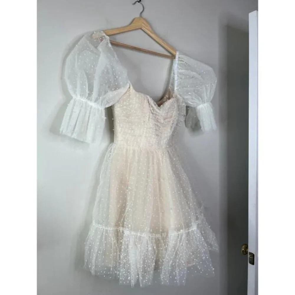 NEW By Watters Macaron Flock Dotted And Pearl Embellished Mini Dress Ivory - Picture 4 of 10